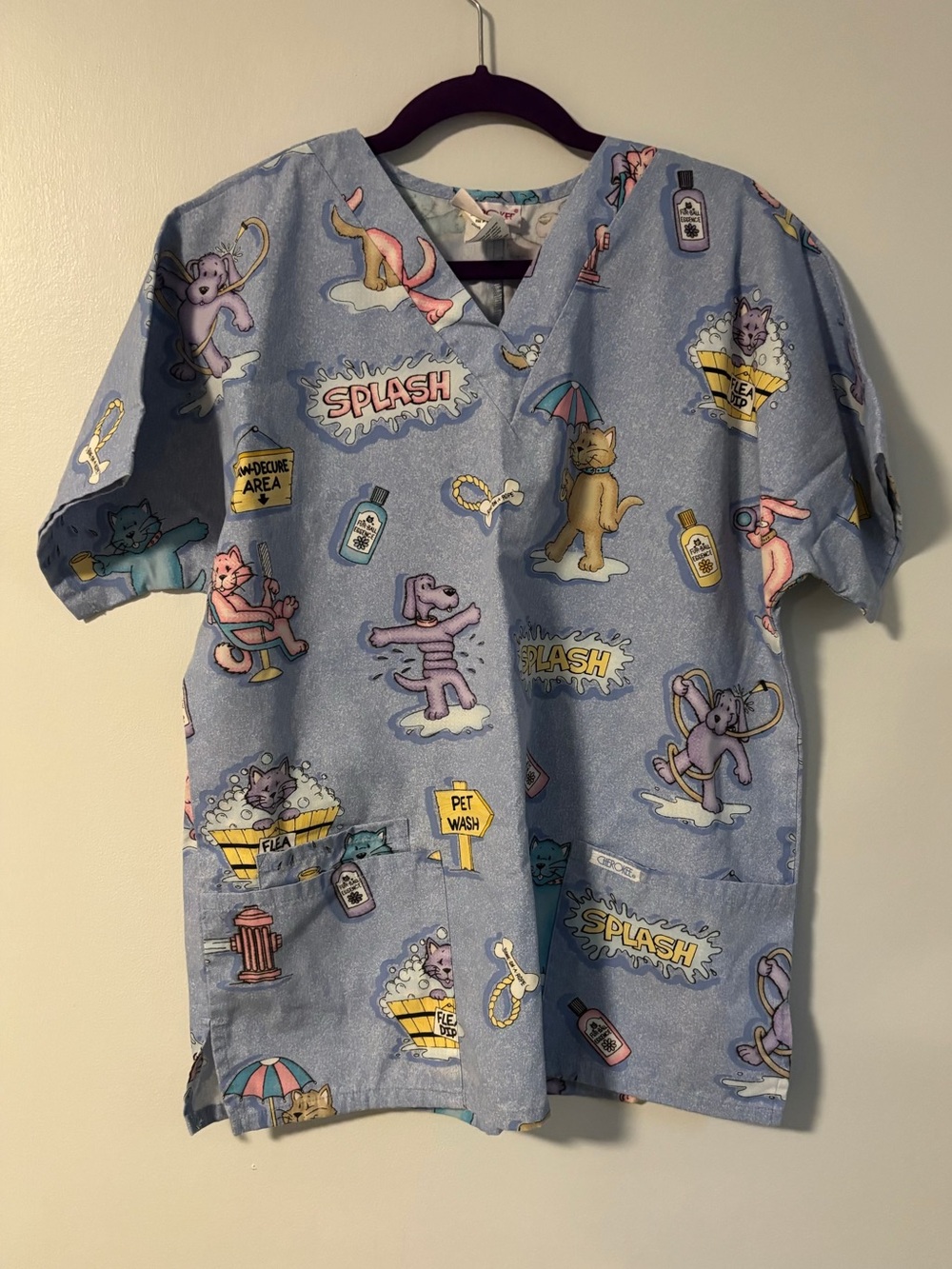 Cherokee V-Neck Scrub Top Blue Dog Pet Wash Pattern Short Sleeve Size S/P Small